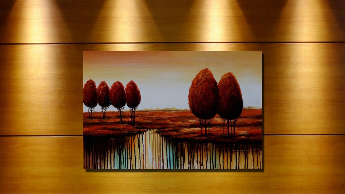 Handgemaltes Ölbild rote Bäume in weiter Landschaft auf Leinwand, modern mit Farbläufen in Rot und Türkis – Beispiel im Raum