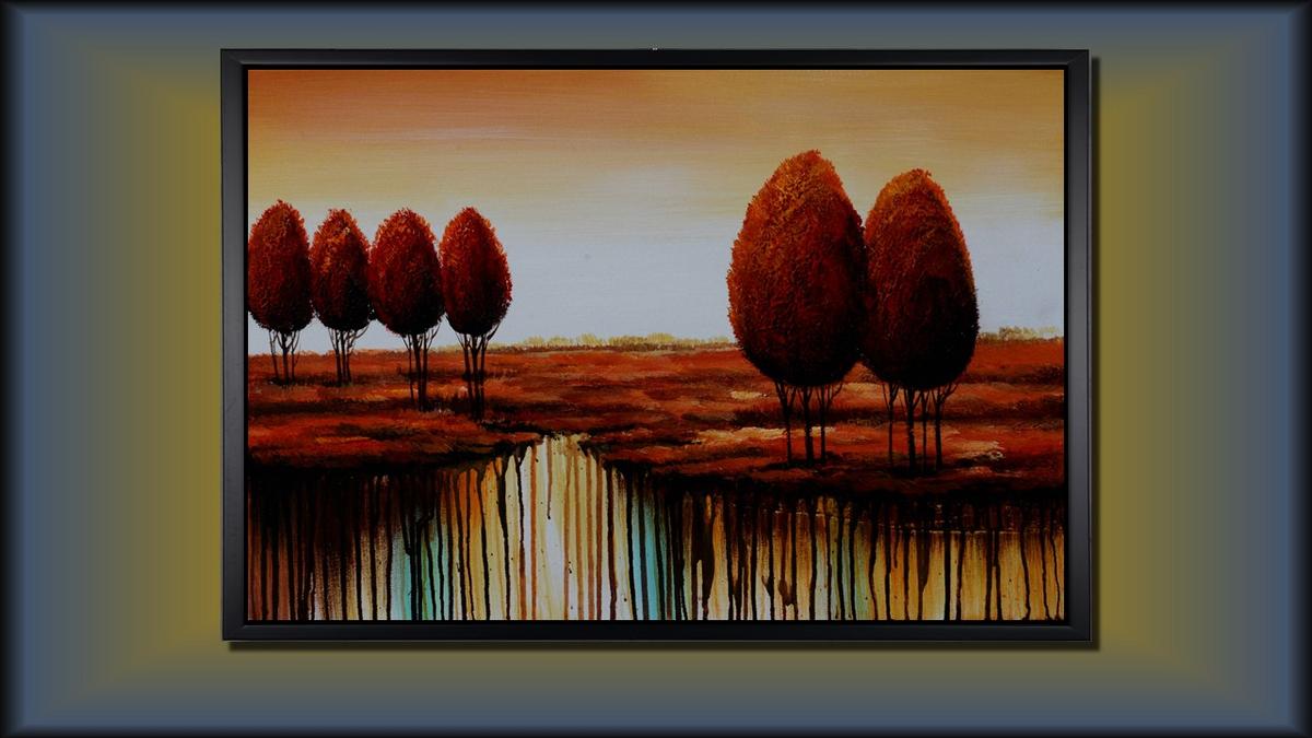 Handgemaltes Ölbild rote Bäume in weiter Landschaft auf Leinwand, modern mit Farbläufen in Rot und Türkis, mit schwarzem Rahmen – Beispiel im Raum