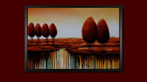 Handgemaltes Ölbild rote Bäume in weiter Landschaft auf Leinwand, modern mit Farbläufen in Rot und Türkis, mit schwarzem Rahmen – Beispiel im Raum