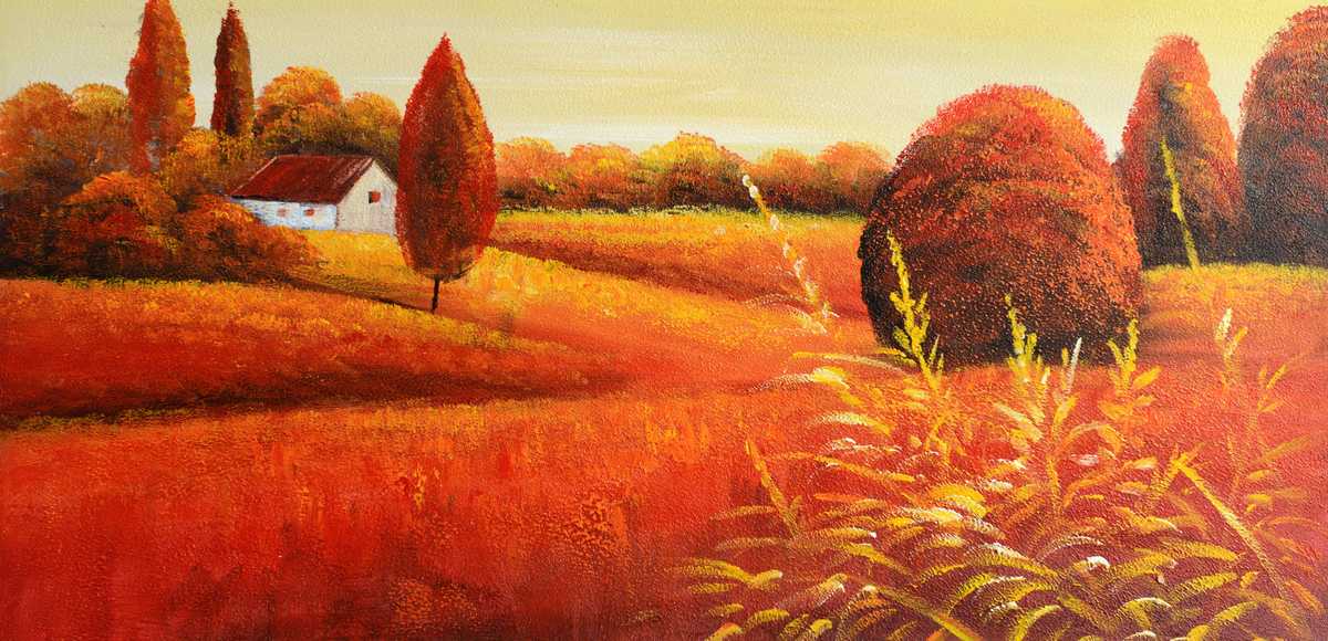 Handgemaltes Ölbild Sommerlandschaft mit Bauernhaus auf Leinwand, Panorama in Orange, Gold und Rot