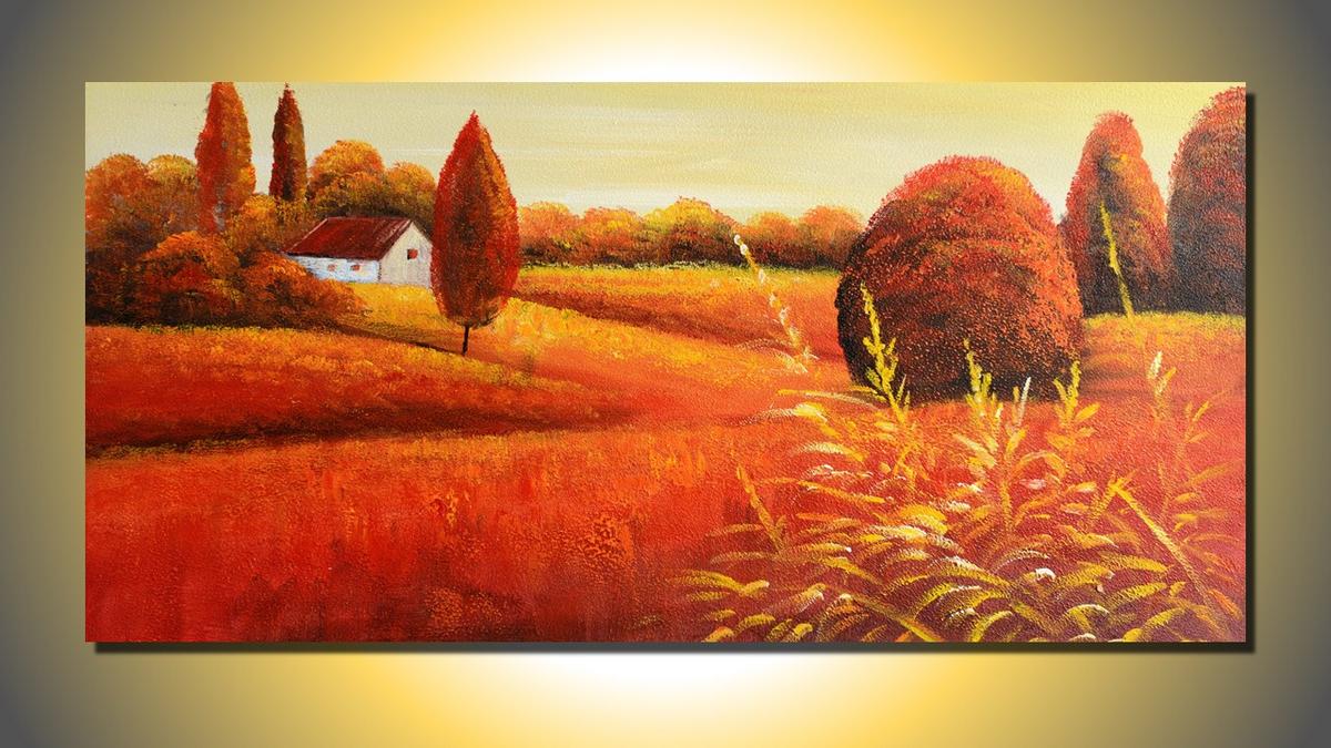 Handgemaltes Ölbild Sommerlandschaft mit Bauernhaus auf Leinwand, Panorama in Orange, Gold und Rot – Beispiel im Raum