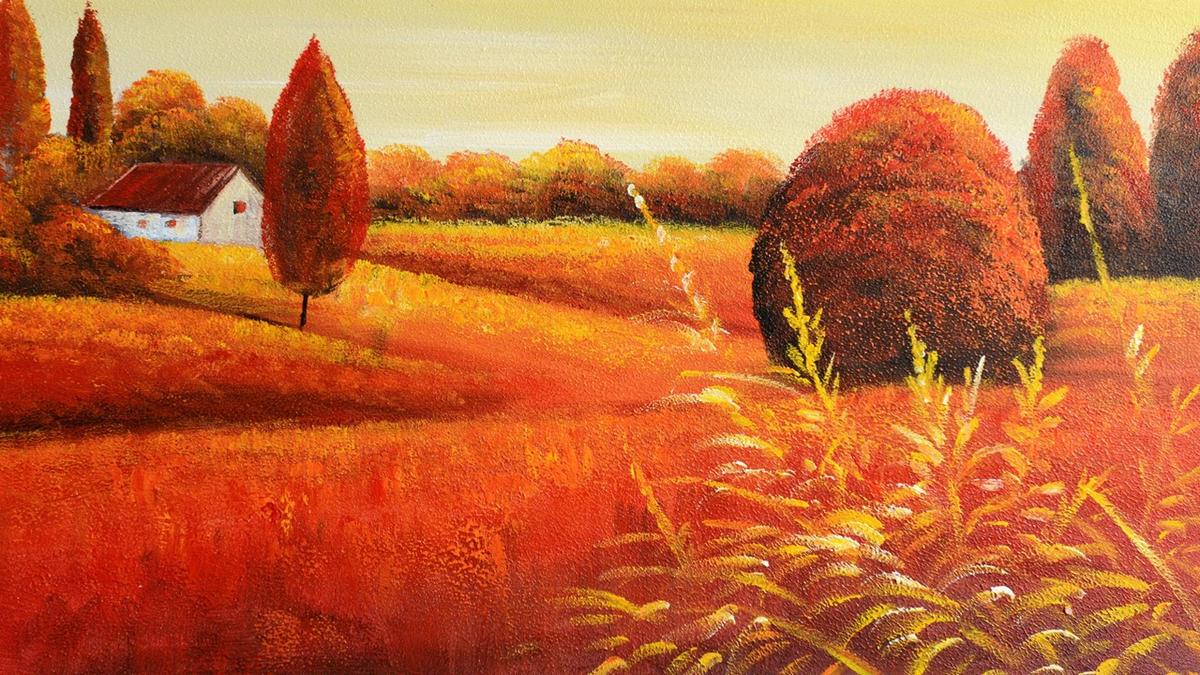 Handgemaltes Ölbild Sommerlandschaft mit Bauernhaus auf Leinwand, Panorama in Orange, Gold und Rot – Detailansicht