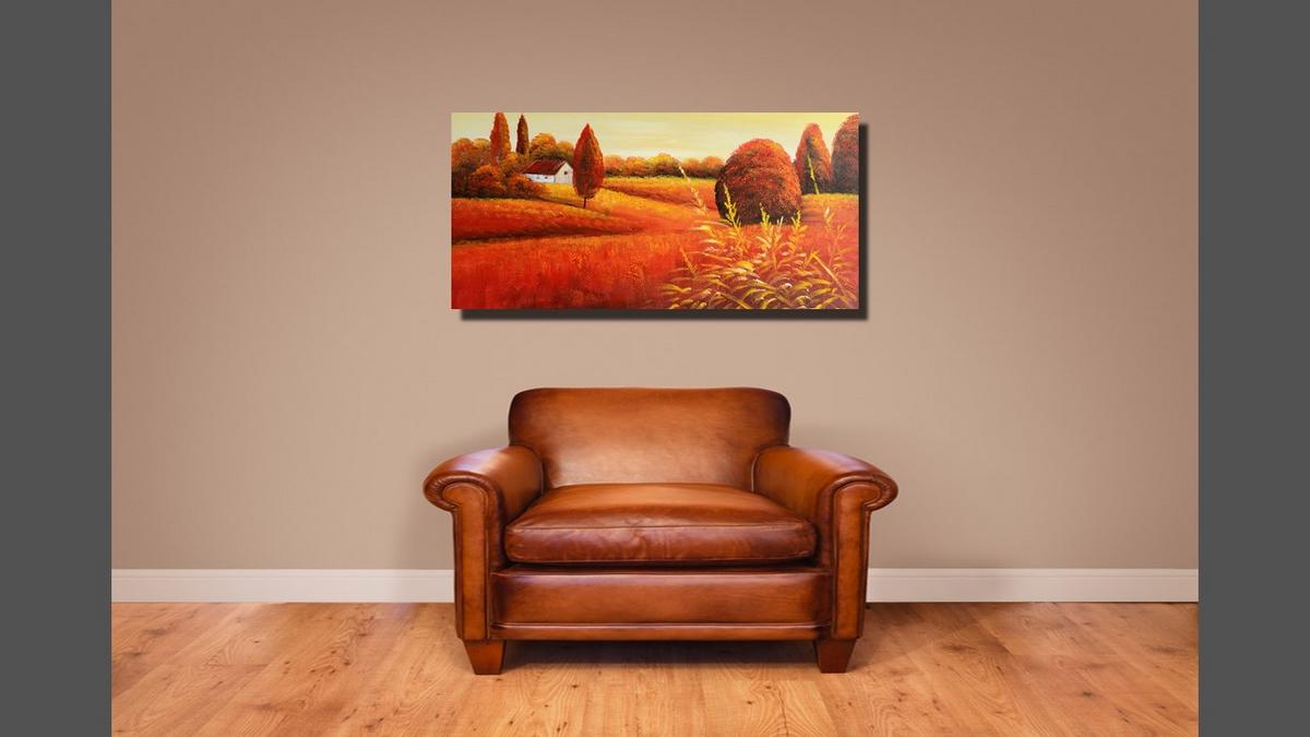 Handgemaltes Ölbild Sommerlandschaft mit Bauernhaus auf Leinwand, Panorama in Orange, Gold und Rot – Beispiel im Raum