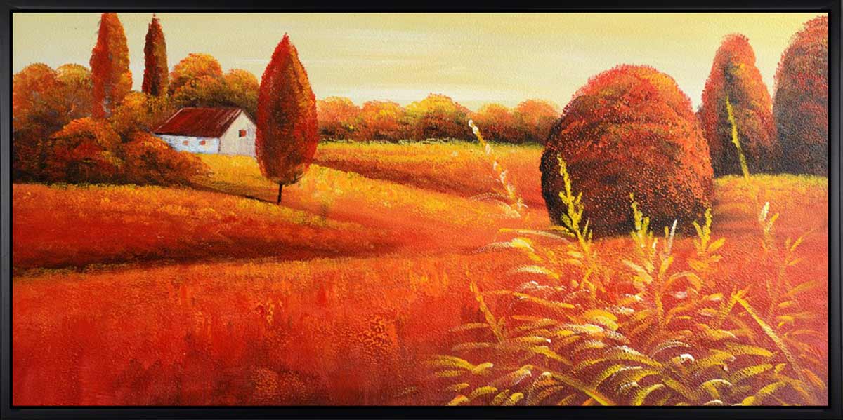 Handgemaltes Ölbild Sommerlandschaft mit Bauernhaus auf Leinwand, Panorama in Orange, Gold und Rot, mit schwarzem Rahmen