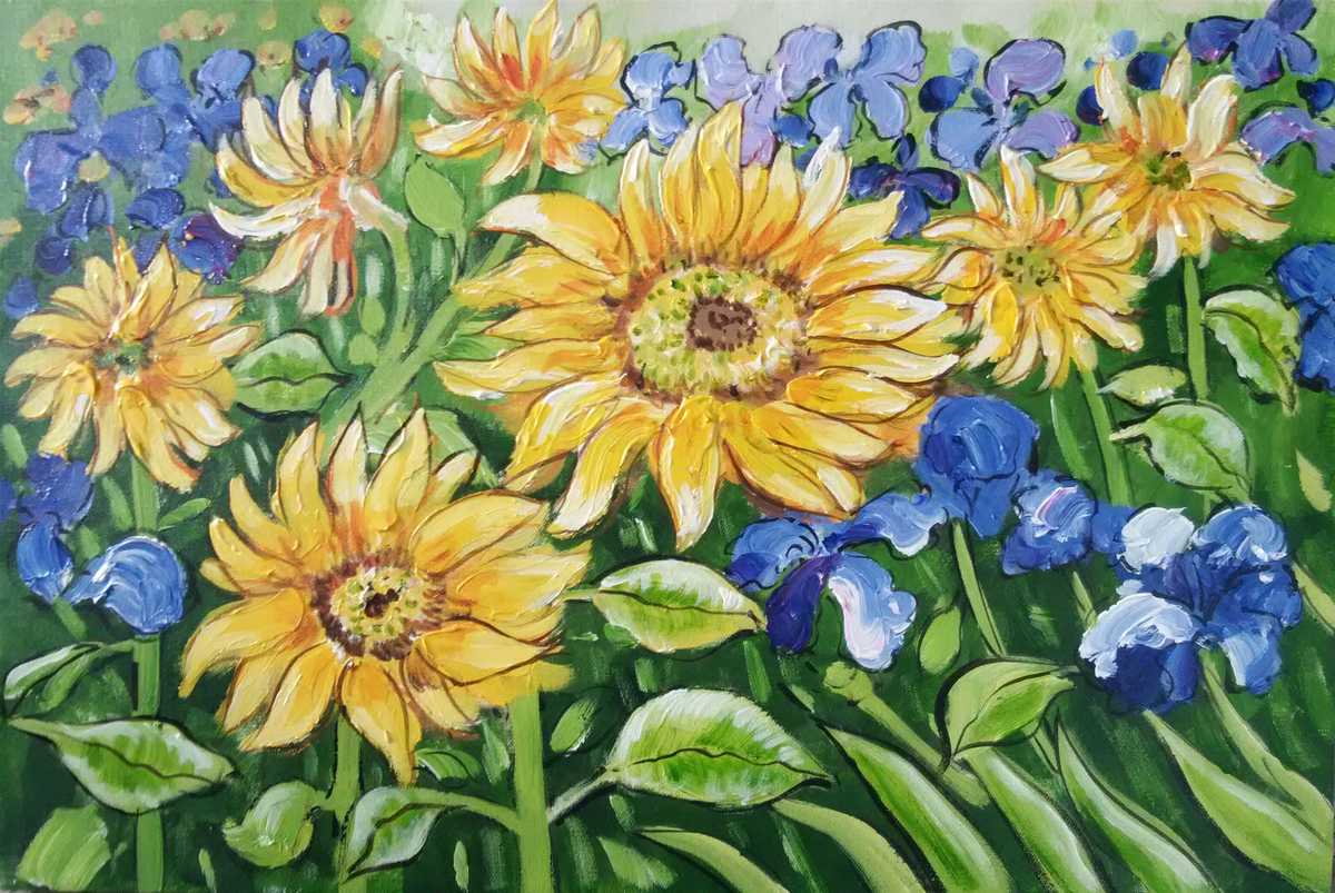 Handgemaltes Ölbild Sonnenblumen und Iris auf Leinwand, Blumenbild in Gelb, Blau und Grün