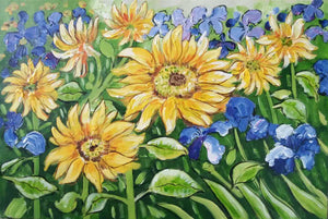 Handgemaltes Ölbild Sonnenblumen und Iris auf Leinwand, Blumenbild in Gelb, Blau und Grün
