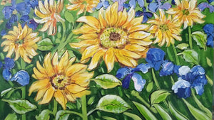 Handgemaltes Ölbild Sonnenblumen und Iris auf Leinwand, Blumenbild in Gelb, Blau und Grün – Detailansicht