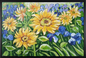 Handgemaltes Ölbild Sonnenblumen und Iris auf Leinwand, Blumenbild in Gelb, Blau und Grün, mit schwarzem Rahmen