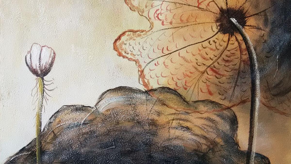 Handgemaltes Ölbild Lotusblüte auf Leinwand, ruhig in Erdtönen, Beige und Sepia, leicht abstrakt – Detailansicht