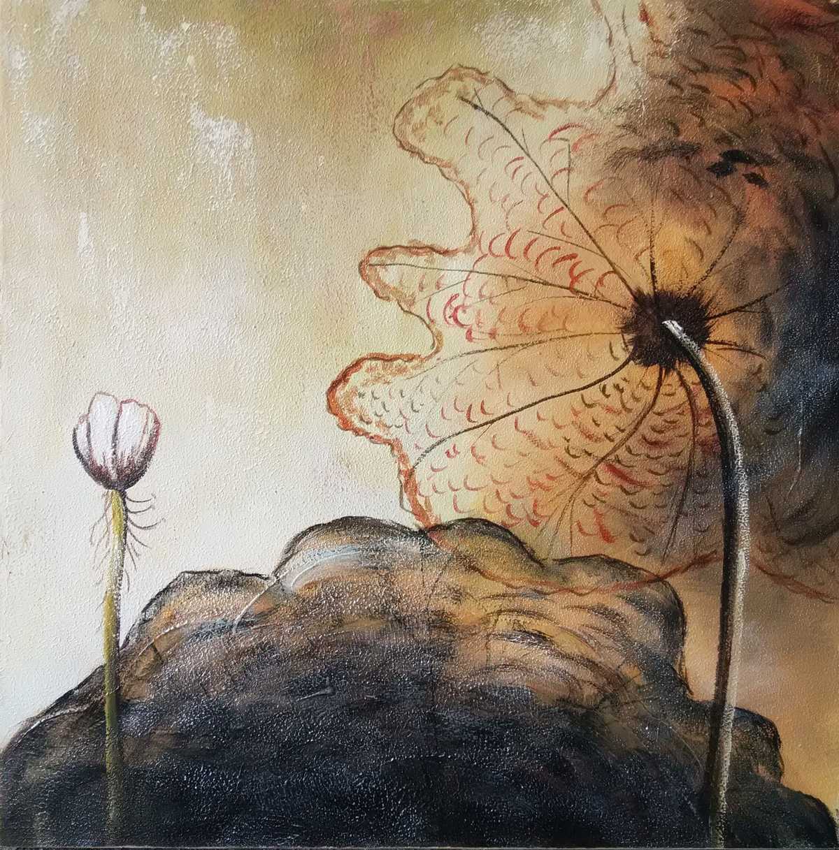 Handgemaltes Ölbild Lotusblüte auf Leinwand, ruhig in Erdtönen, Beige und Sepia, leicht abstrakt