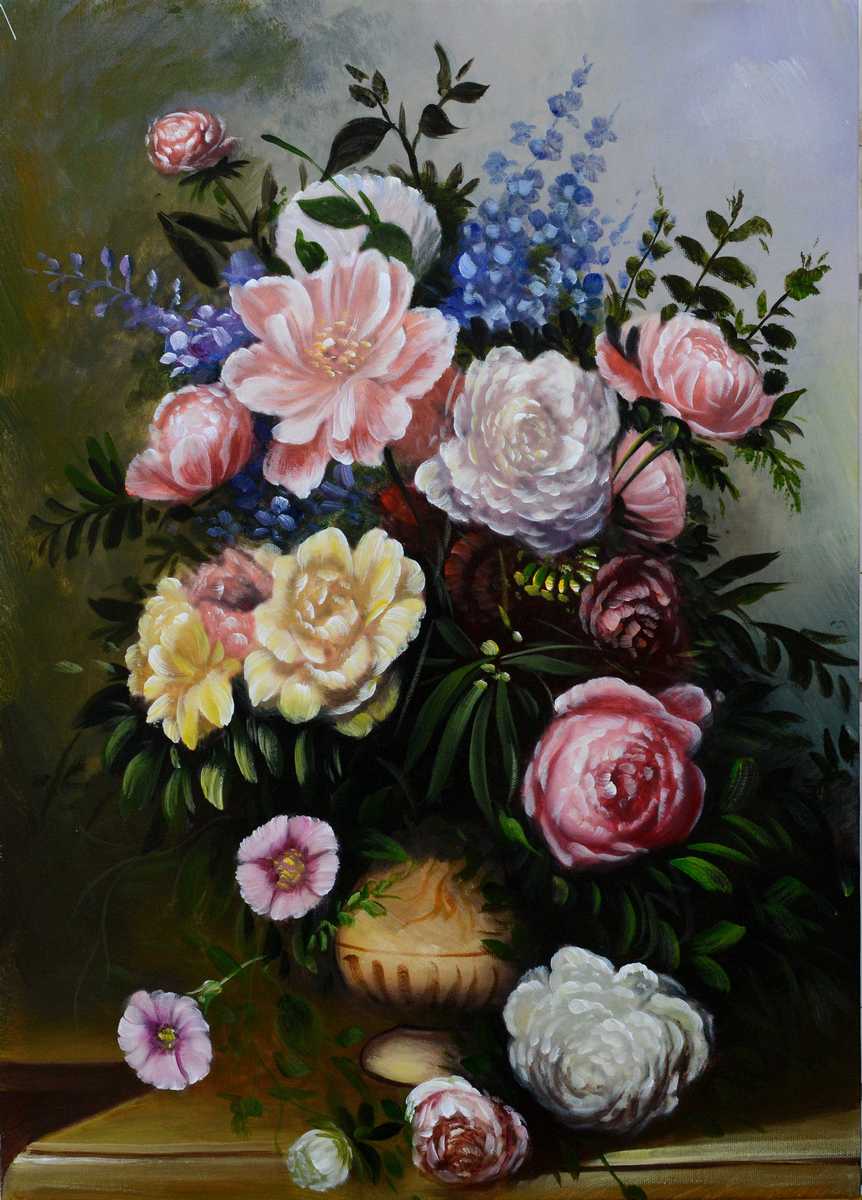 Handgemaltes Ölbild klassischer Rosenstrauss auf Leinwand, Rosen in Rosa und Weiss vor dunklem Hintergrund