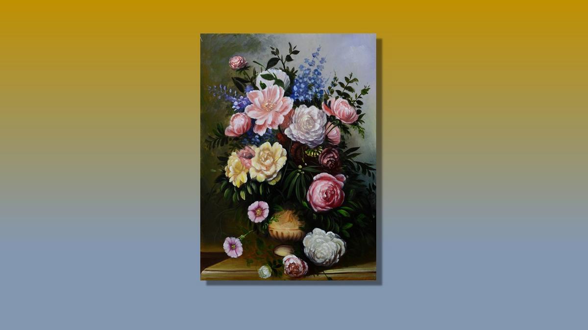 Handgemaltes Ölbild klassischer Rosenstrauss auf Leinwand, Rosen in Rosa und Weiss vor dunklem Hintergrund – Beispiel im Raum