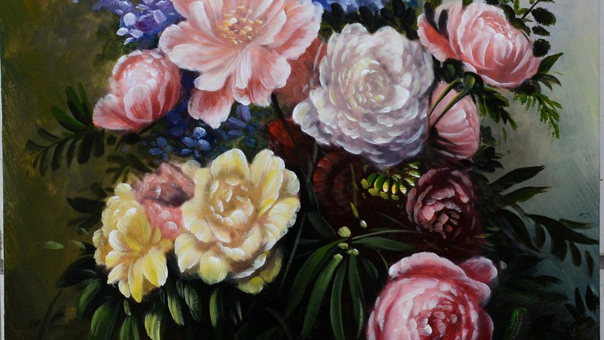 Handgemaltes Ölbild klassischer Rosenstrauss auf Leinwand, Rosen in Rosa und Weiss vor dunklem Hintergrund – Detailansicht