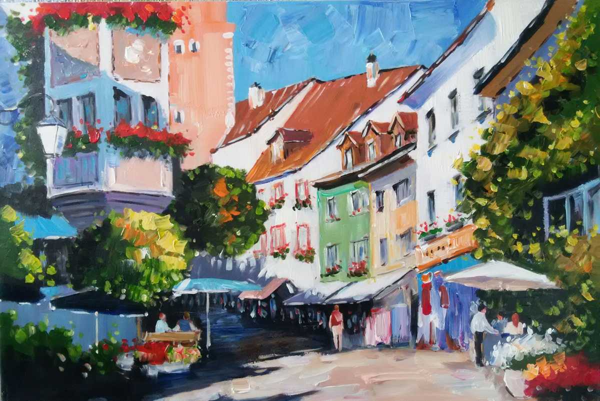 Handgemaltes Ölbild bunte Altstadtgasse mit Cafés auf Leinwand, farbenfroh mit Spachtel gemalt