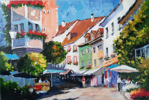 Handgemaltes Ölbild bunte Altstadtgasse mit Cafés auf Leinwand, farbenfroh mit Spachtel gemalt