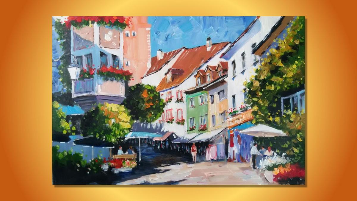 Handgemaltes Ölbild bunte Altstadtgasse mit Cafés auf Leinwand, farbenfroh mit Spachtel gemalt – Beispiel im Raum