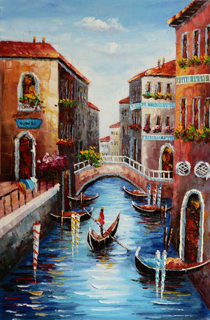 Handgemaltes Ölbild Venedig Kanal mit Gondel auf Leinwand, Hochformat in Blau und Terrakotta, Spachteltechnik