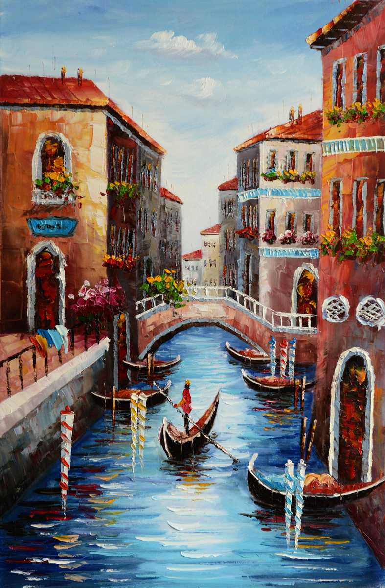 Handgemaltes Ölbild Venedig Kanal mit Gondel auf Leinwand, Hochformat in Blau und Terrakotta, Spachteltechnik