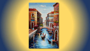 Handgemaltes Ölbild Venedig Kanal mit Gondel auf Leinwand, Hochformat in Blau und Terrakotta, Spachteltechnik – Beispiel im Raum
