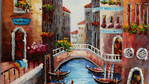 Handgemaltes Ölbild Venedig Kanal mit Gondel auf Leinwand, Hochformat in Blau und Terrakotta, Spachteltechnik – Detailansicht