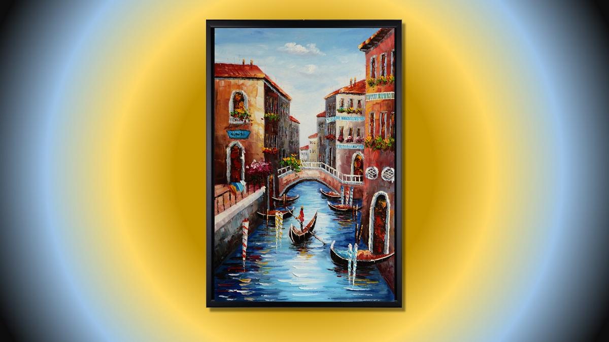 Handgemaltes Ölbild Venedig Kanal mit Gondel auf Leinwand, Hochformat in Blau und Terrakotta, Spachteltechnik, mit schwarzem Rahmen – Beispiel im Raum
