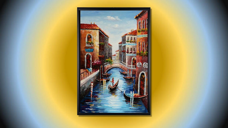 Handgemaltes Ölbild Venedig Kanal mit Gondel auf Leinwand, Hochformat in Blau und Terrakotta, Spachteltechnik, mit schwarzem Rahmen – Beispiel im Raum