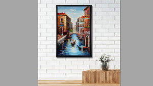 Handgemaltes Ölbild Venedig Kanal mit Gondel auf Leinwand, Hochformat in Blau und Terrakotta, Spachteltechnik, mit schwarzem Rahmen – Beispiel im Raum