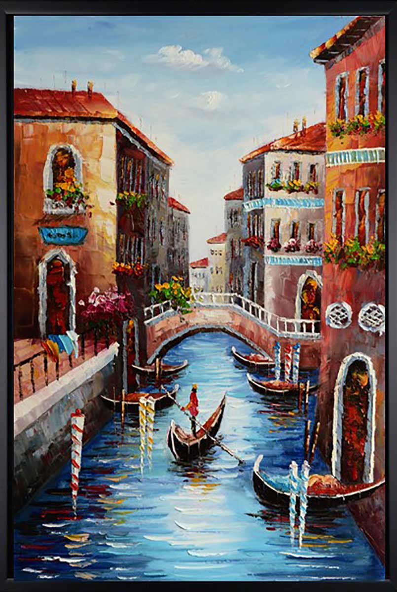 Handgemaltes Ölbild Venedig Kanal mit Gondel auf Leinwand, Hochformat in Blau und Terrakotta, Spachteltechnik, mit schwarzem Rahmen