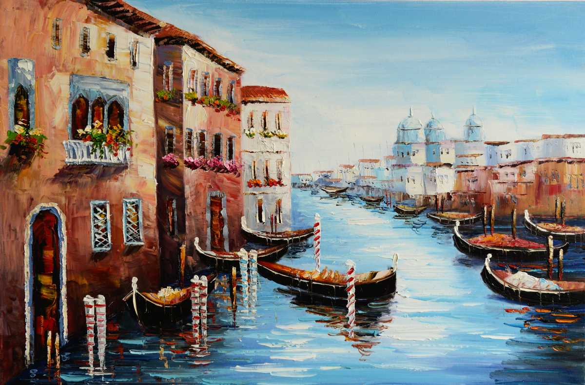 Handgemaltes Ölbild Venedig Canal Grande mit Gondeln auf Leinwand, Kuppeln und blaues Wasser