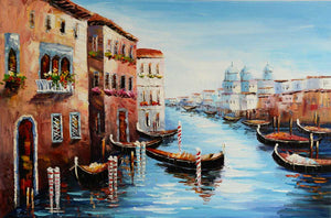 Handgemaltes Ölbild Venedig Canal Grande mit Gondeln auf Leinwand, Kuppeln und blaues Wasser