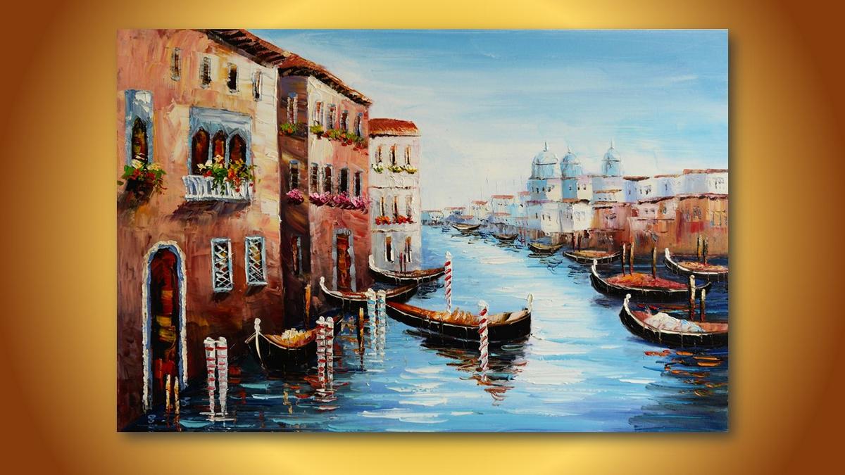 Handgemaltes Ölbild Venedig Canal Grande mit Gondeln auf Leinwand, Kuppeln und blaues Wasser – Beispiel im Raum