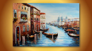 Handgemaltes Ölbild Venedig Canal Grande mit Gondeln auf Leinwand, Kuppeln und blaues Wasser – Beispiel im Raum