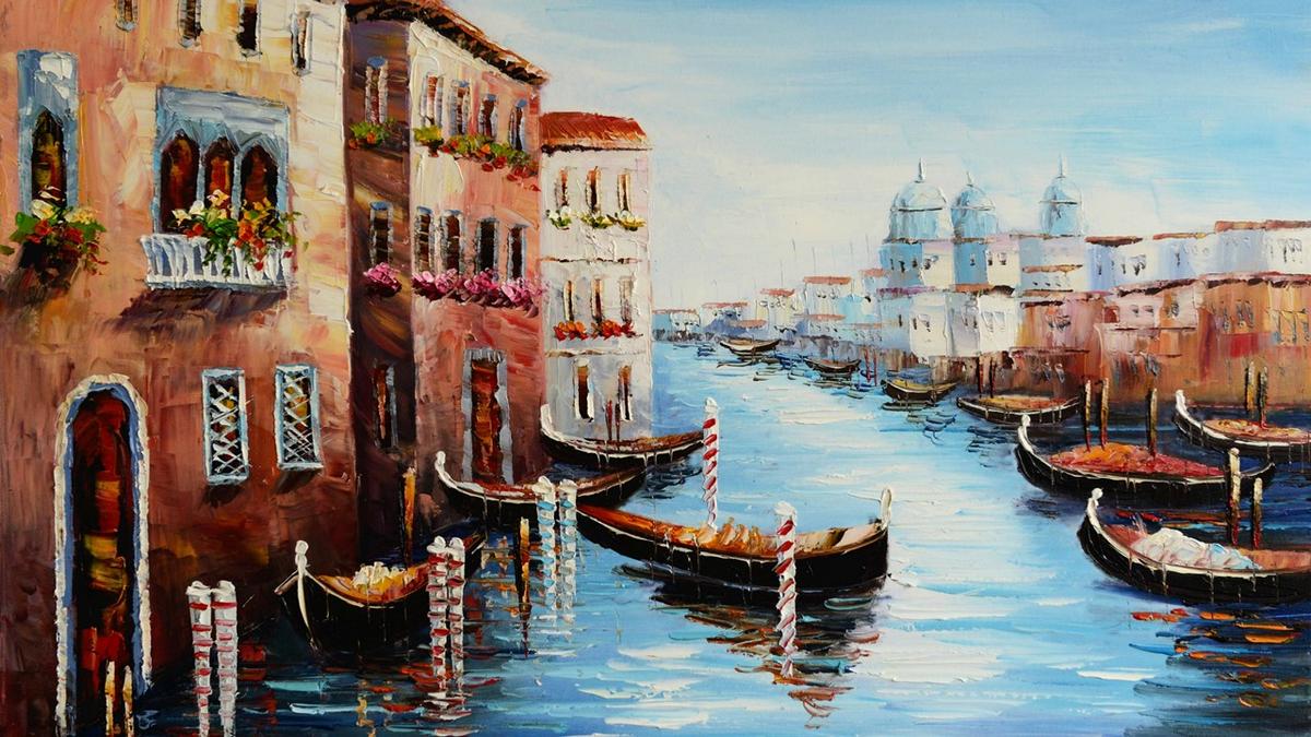 Handgemaltes Ölbild Venedig Canal Grande mit Gondeln auf Leinwand, Kuppeln und blaues Wasser – Detailansicht
