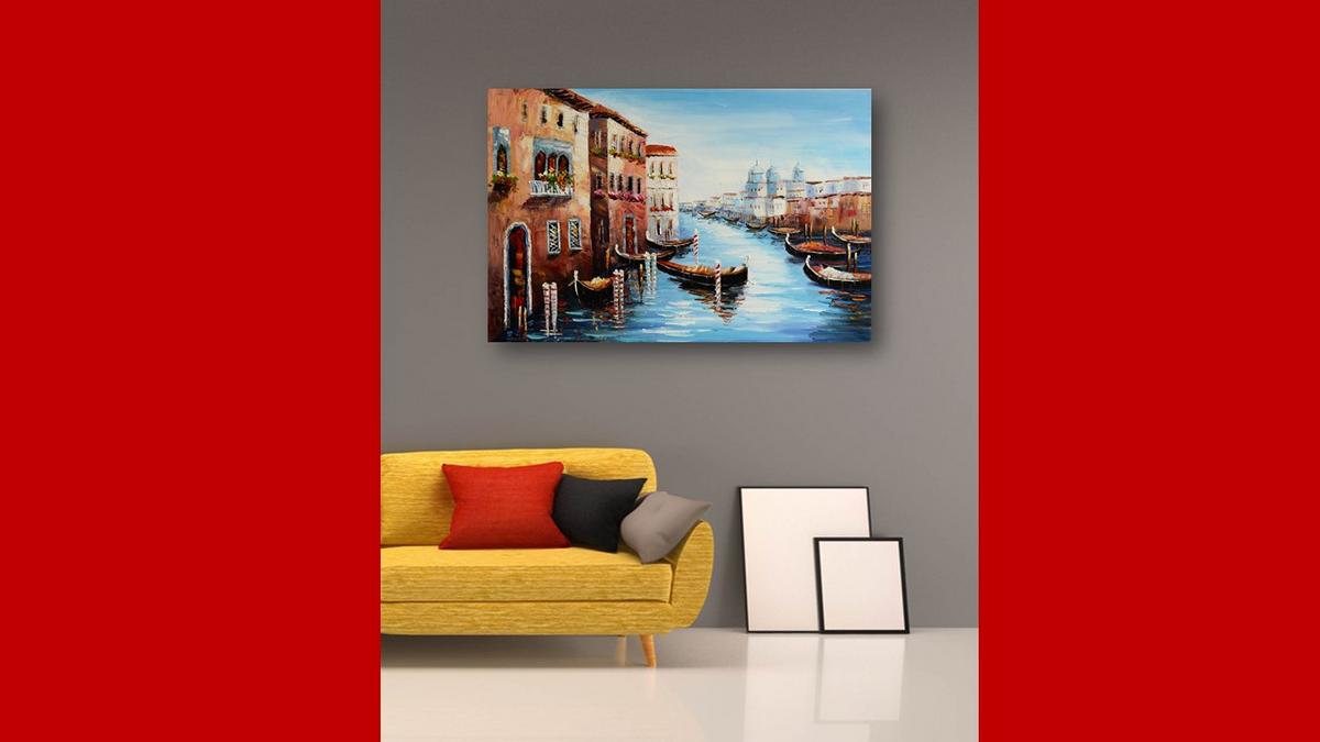 Handgemaltes Ölbild Venedig Canal Grande mit Gondeln auf Leinwand, Kuppeln und blaues Wasser – Beispiel im Raum