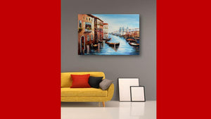 Handgemaltes Ölbild Venedig Canal Grande mit Gondeln auf Leinwand, Kuppeln und blaues Wasser – Beispiel im Raum