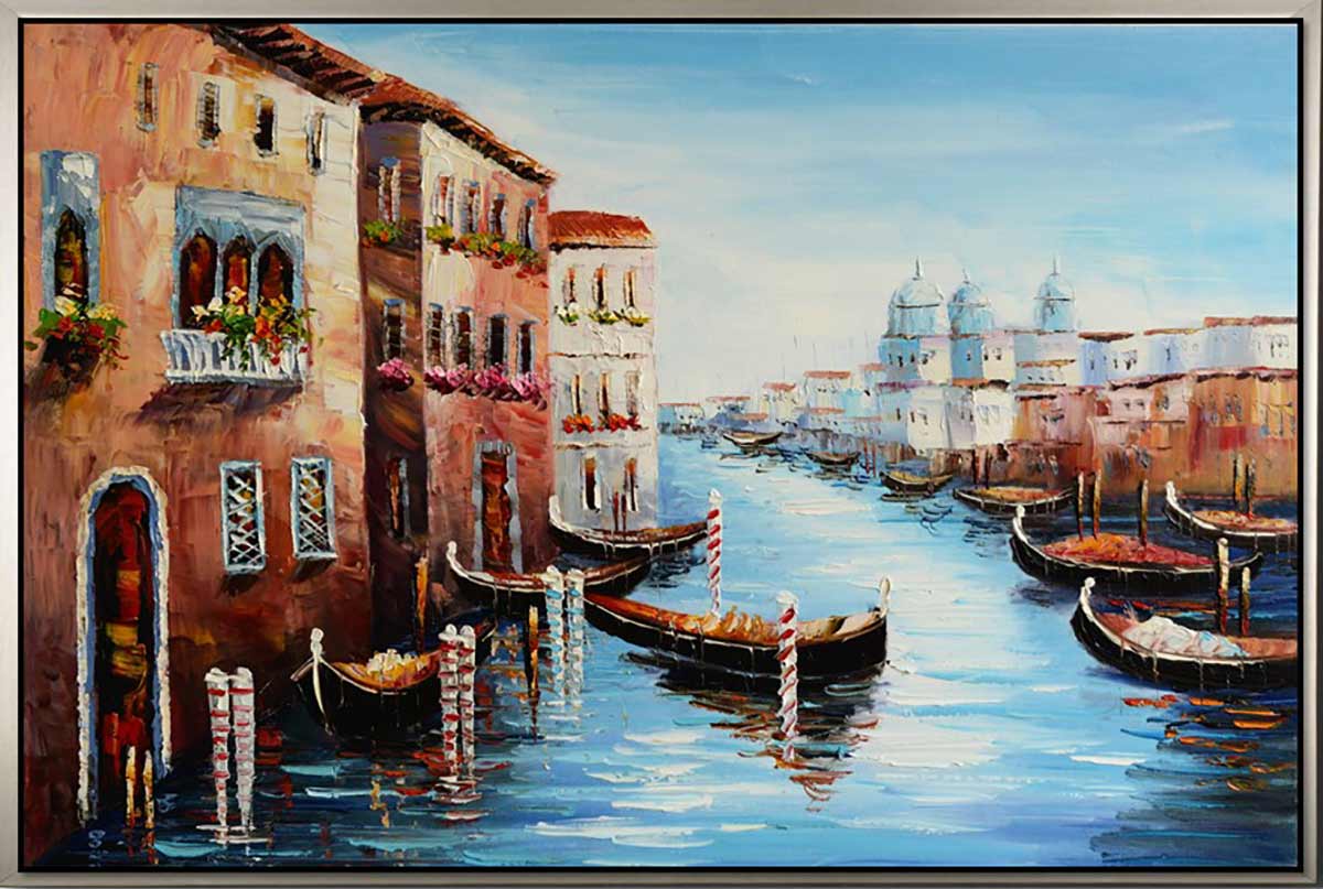 Handgemaltes Ölbild Venedig Canal Grande mit Gondeln auf Leinwand, Kuppeln und blaues Wasser, mit silbernem Rahmen