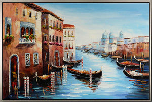 Handgemaltes Ölbild Venedig Canal Grande mit Gondeln auf Leinwand, Kuppeln und blaues Wasser, mit silbernem Rahmen