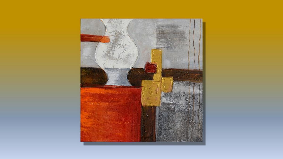 Handgemaltes Ölbild abstraktes Stillleben mit Vase auf Leinwand, Grau, Orangerot und Gold, strukturiert – Beispiel im Raum
