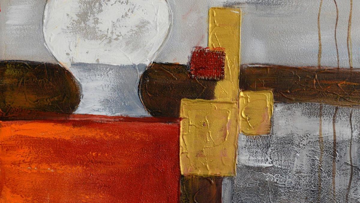 Handgemaltes Ölbild abstraktes Stillleben mit Vase auf Leinwand, Grau, Orangerot und Gold, strukturiert – Detailansicht