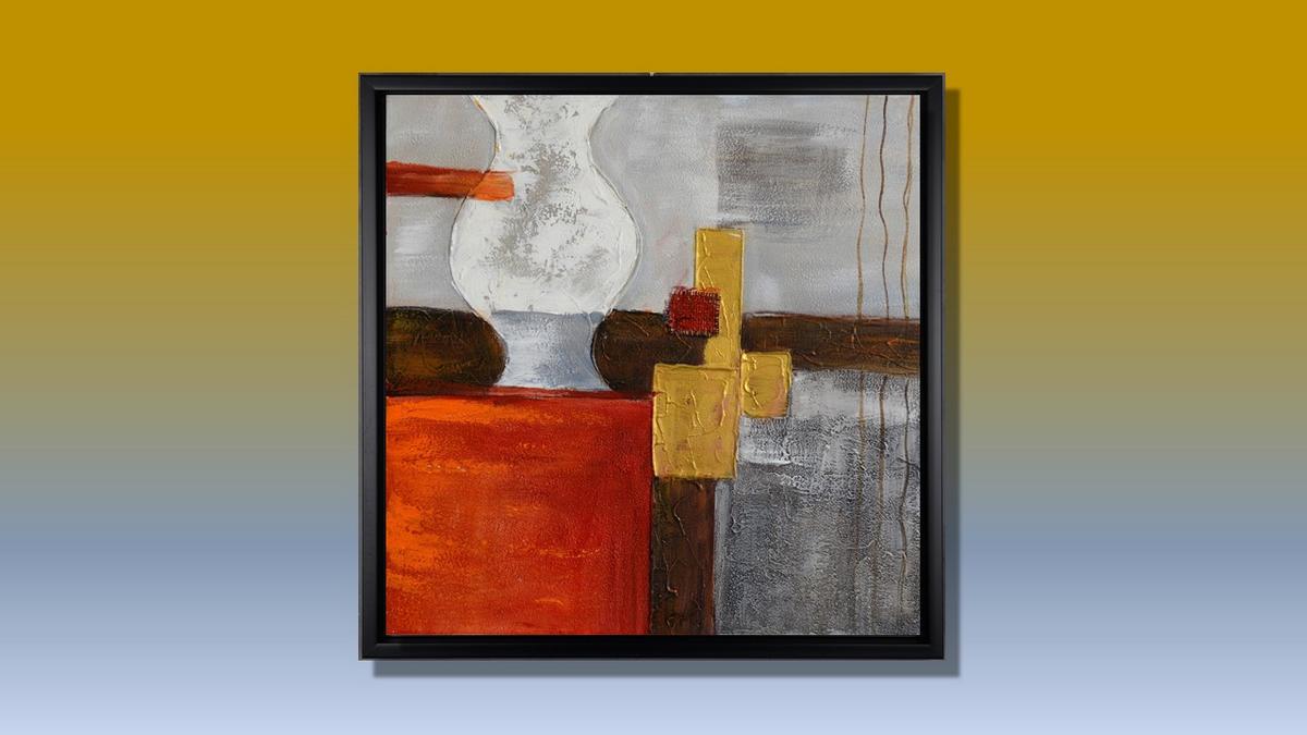 Handgemaltes Ölbild abstraktes Stillleben mit Vase auf Leinwand, Grau, Orangerot und Gold, strukturiert, mit schwarzem Rahmen – Beispiel im Raum