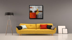 Handgemaltes Ölbild abstraktes Stillleben mit Vase auf Leinwand, Grau, Orangerot und Gold, strukturiert, mit schwarzem Rahmen – Beispiel im Raum