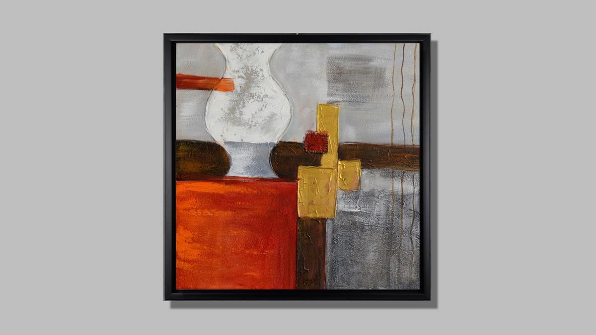 Handgemaltes Ölbild abstraktes Stillleben mit Vase auf Leinwand, Grau, Orangerot und Gold, strukturiert, mit schwarzem Rahmen – Beispiel im Raum