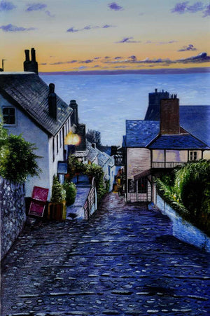 Handgemaltes Ölbild Küstendorf in Abendstimmung auf Leinwand, gepflasterte Gasse mit Blick aufs Meer