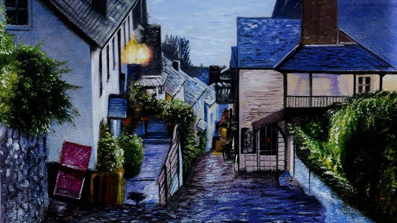 Handgemaltes Ölbild Küstendorf in Abendstimmung auf Leinwand, gepflasterte Gasse mit Blick aufs Meer – Detailansicht