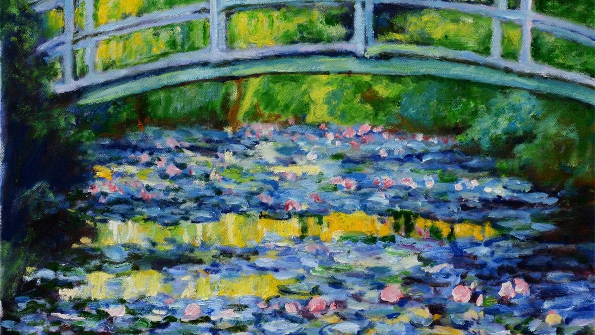 Handgemaltes Ölbild Brücke über Seerosenteich auf Leinwand, impressionistisch in Grün, Blau und Rosa – Detailansicht