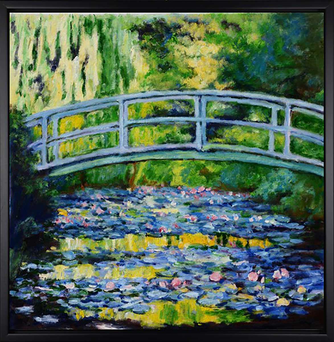 Handgemaltes Ölbild Brücke über Seerosenteich auf Leinwand, impressionistisch in Grün, Blau und Rosa, mit schwarzem Rahmen