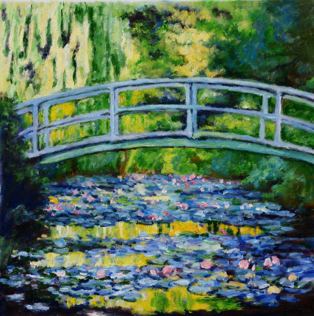 Handgemaltes Ölbild Brücke über Seerosenteich auf Leinwand, impressionistisch in Grün, Blau und Rosa