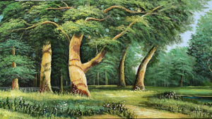 Handgemaltes Ölbild Sommerwald auf Leinwand, alte Bäume und sonnige Lichtung in satten Grüntönen – Detailansicht
