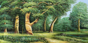 Handgemaltes Ölbild Sommerwald auf Leinwand, alte Bäume und sonnige Lichtung in satten Grüntönen