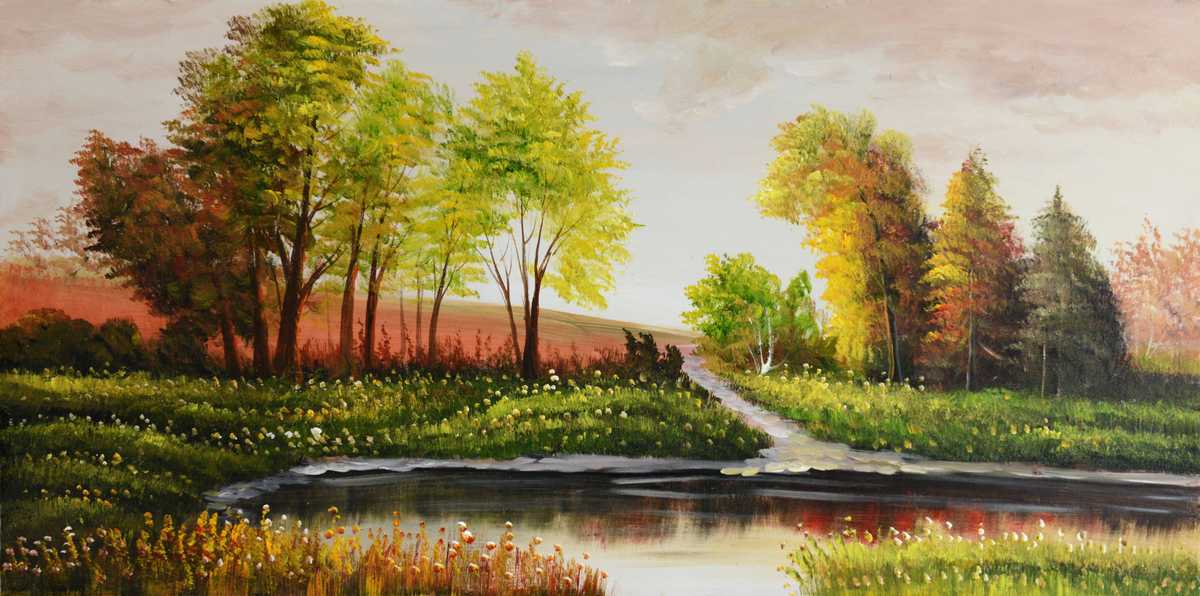 Handgemaltes Ölbild Flusslandschaft auf Leinwand, bunte Herbstbäume und Spiegelungen im Wasser